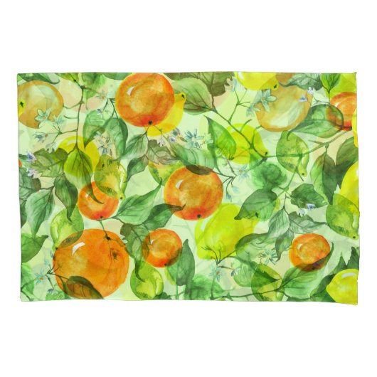 水彩レモン、花、柑橘類。 枕カバー (正面)