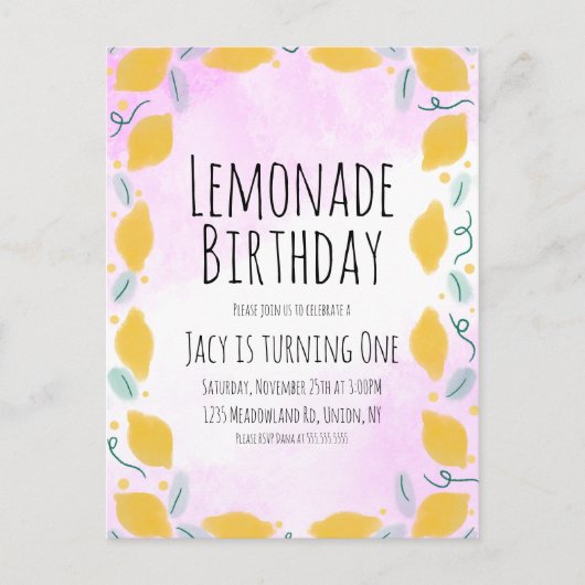 水彩レモン 誕生日 ピンク イエロー 枠 アートⅠ ポストカード (正面)