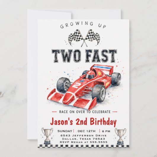 水彩レースカーの2歳の誕生日おめでとう 招待状 (正面)