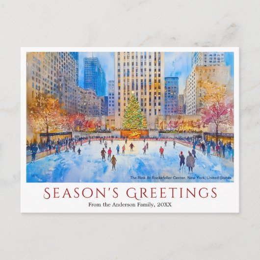 水彩ロックフェラーセンターNYC旅行クリスマス シーズンポストカード (正面)