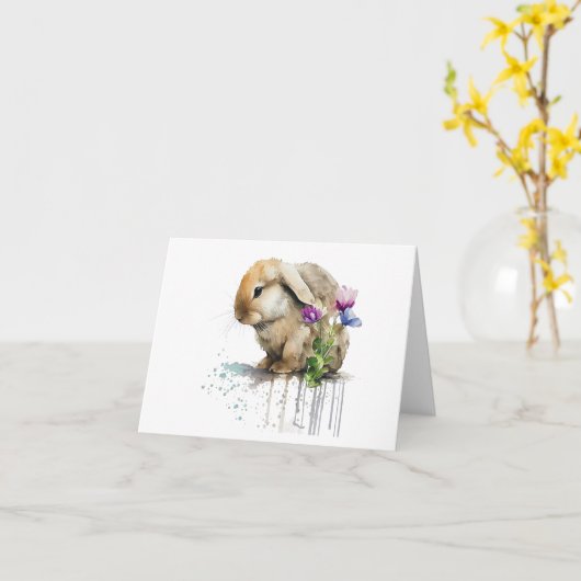 水彩ロップバニーウサギと花空白の カード (黄色い花)