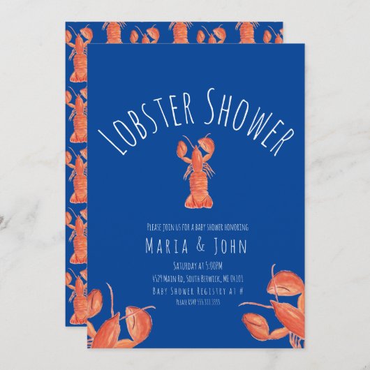 水彩ロブスターパーティーベビシャワーカニブルー 招待状 (正面/裏面)