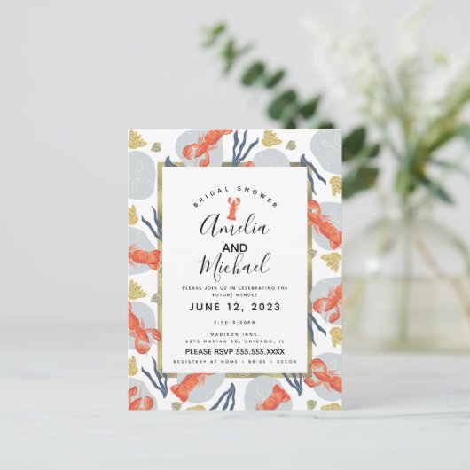 水彩ロブスター甲殻類ブライダルシャワー ポストカード (スタンド正面)