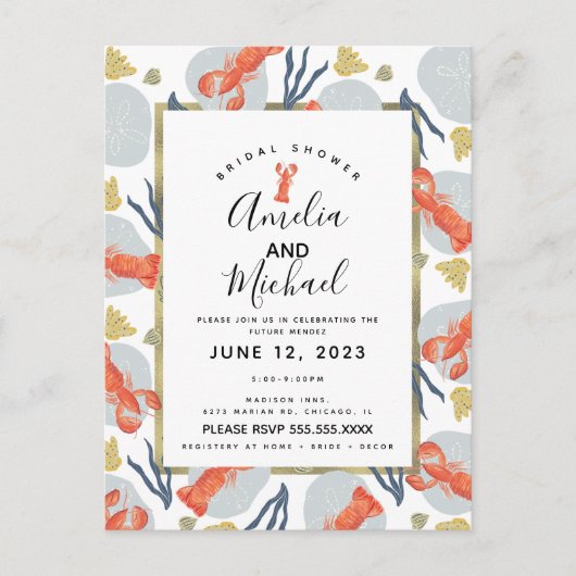 水彩ロブスター甲殻類ブライダルシャワー ポストカード (正面)