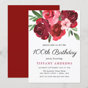 水彩ロマンチックな赤のバラ100th誕生日パーティー 招待状