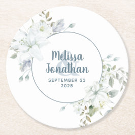 水彩ロマンチックフラワー ホワイト フラワーズ ウェディング ラウンドペーパーコースター