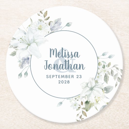 水彩ロマンチックフラワー ホワイト フラワーズ ウェディング ラウンドペーパーコースター (正面)