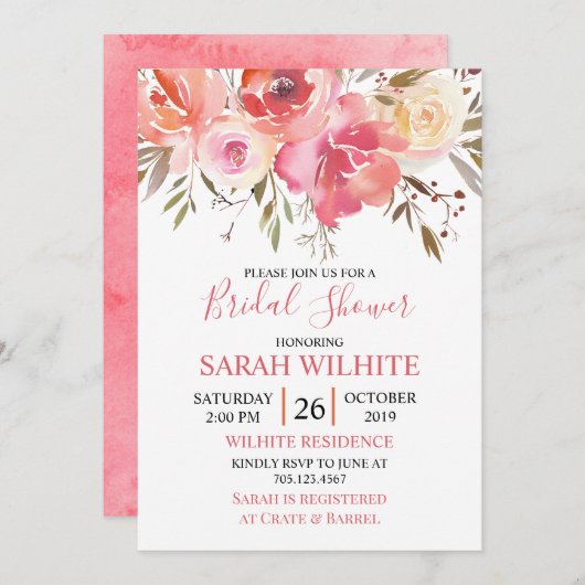 水彩ロマンチックフローラブライダルシャワー 招待状 (正面/裏面)