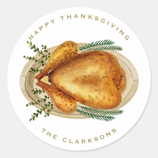 水彩ローストターキーディナーサンクスギビング ラウンドシール (正面)