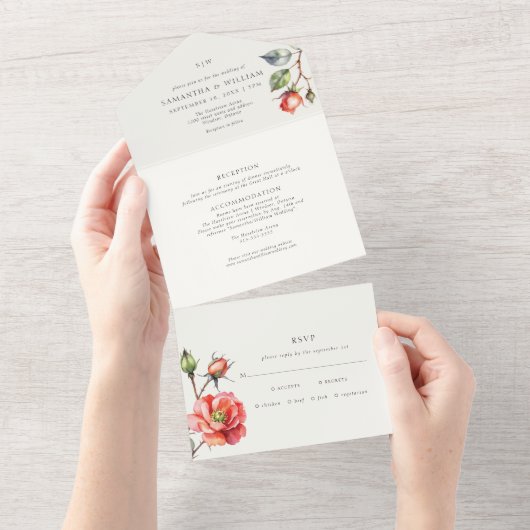 水彩ローズの花 オールインワン招待状 (貼ってはがせる)