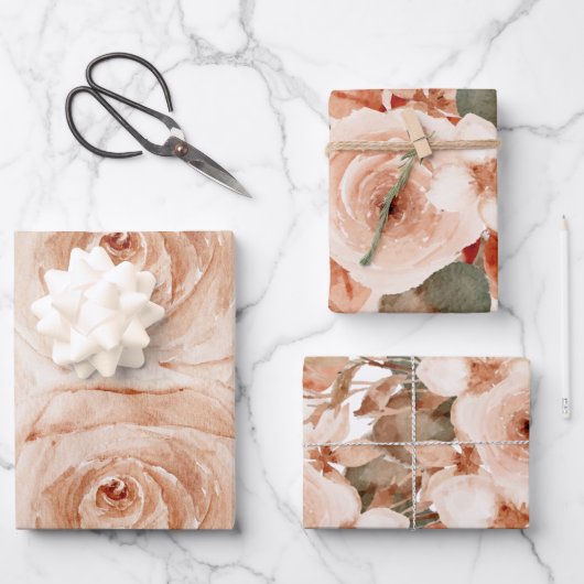 水彩ローズエレガントフラワープレttyウェディング ラッピングペーパーシート (正面)
