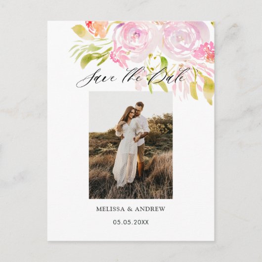 水彩ローズブーケ日付を保存 案内ポストカード (正面)