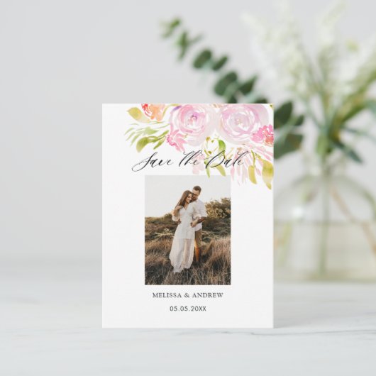 水彩ローズブーケ日付を保存 案内ポストカード (スタンド正面)