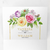 水彩ローズブーケ金ゴールドライン結婚フローラ 三つ折り招待状 (内部最初)