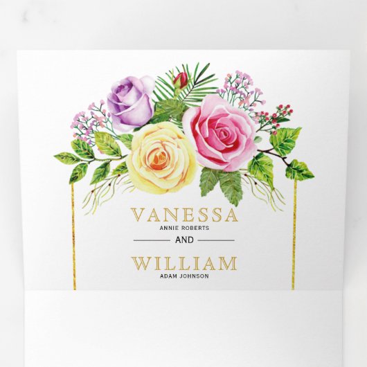 水彩ローズブーケ金ゴールドライン結婚フローラ 三つ折り招待状 (内部最初)