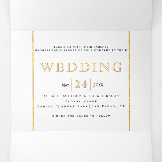 水彩ローズブーケ金ゴールドライン結婚フローラ 三つ折り招待状 (内部中)