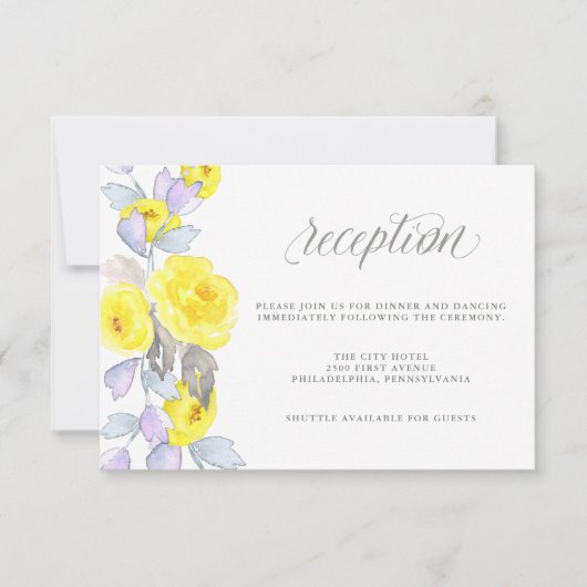 水彩ローズ イエロー パープル グレー レセプション 招待状 (正面)