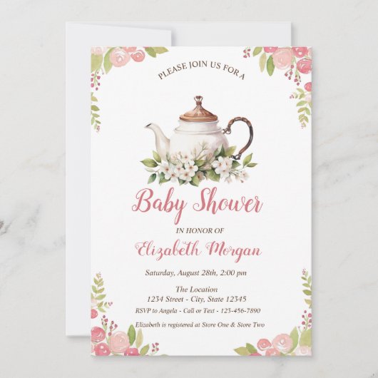 水彩ローズ ティーセット 招待状 (正面)