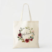 水彩ローズ バーガンディ フラワーリース 名前 トートバッグ (正面)