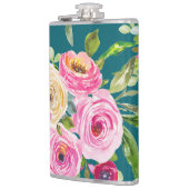水彩ローズ（ピンクとクリーム） ティールブルー背景 フラスク (左)