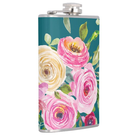 水彩ローズ（ピンクとクリーム） ティールブルー背景 フラスク (右)
