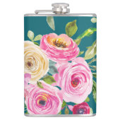 水彩ローズ（ピンクとクリーム） ティールブルー背景 フラスク (正面)