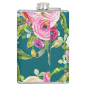 水彩ローズ（ピンクとクリーム） ティールブルー背景 フラスク (裏面)