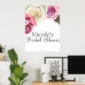 水彩ローズ ピンク＆ホワイト フラワーズ ウェルカム ポスター (ホームオフィス)