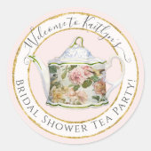 水彩ローズ フラワーティーポット ティー ブライダルシャワー ラウンドシール (正面)