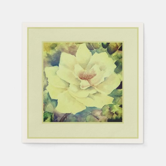 水彩ローズ フラワーナプキン — セージ＆アイボリー ガーデン スタンダードカクテルナプキン (正面)