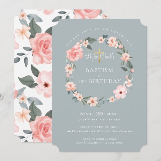 水彩ローズ フラワーリース 洗礼 1歳誕生日 招待状 (正面/裏面)