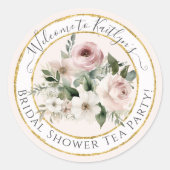水彩ローズ フローラル ゴールド ピンク ティー ブライダル シャワー ラウンドシール (正面)