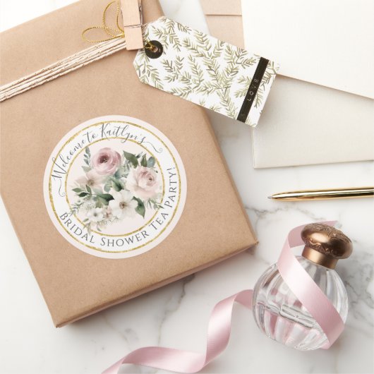 水彩ローズ フローラル ゴールド ピンク ティー ブライダル シャワー ラウンドシール (ギフト)