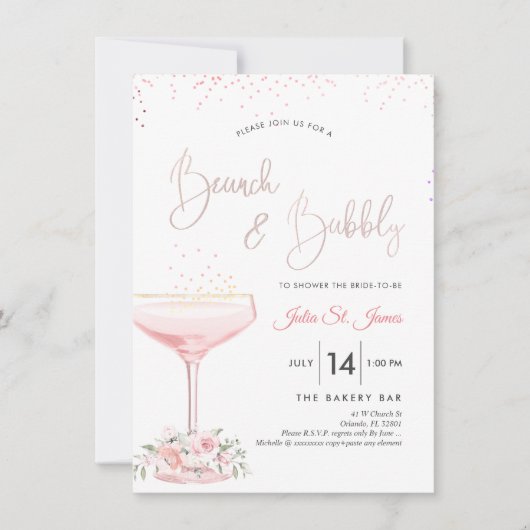 水彩ローズ ブランシュ バブル ピンクシャンパン 招待状 (正面)