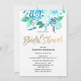 水彩ローズ ブルー グリーン ブライダルシャワー 招待状