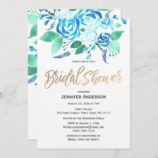 水彩ローズ ブルー グリーン ブライダルシャワー 招待状 (正面/裏面)