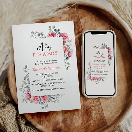 水彩ローズ＆ユーカリ ベビーシャワー 招待状