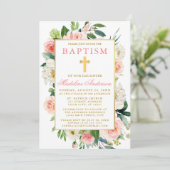 水彩ローズ 花 ピンク ゴールド 洗礼 招待状 (スタンド正面)