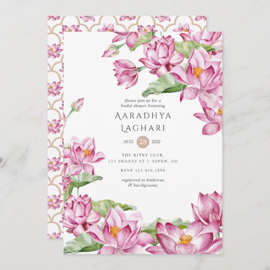 水彩ロータスフラワーインディアンブライダルシャワー 招待状 (正面/裏面)
