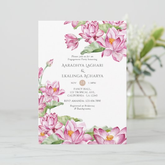 水彩ロータスフラワーインディアン婚約パーティ 招待状 (スタンド正面)