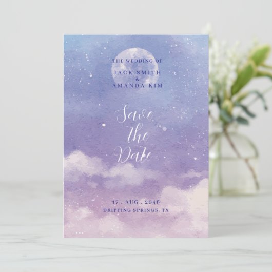 水彩ローマの月明かりの結婚式の日付を保存 招待状 (スタンド正面)