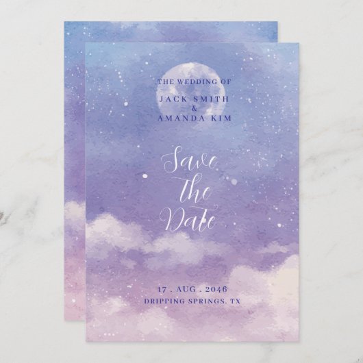 水彩ローマの月明かりの結婚式の日付を保存 招待状 (正面/裏面)