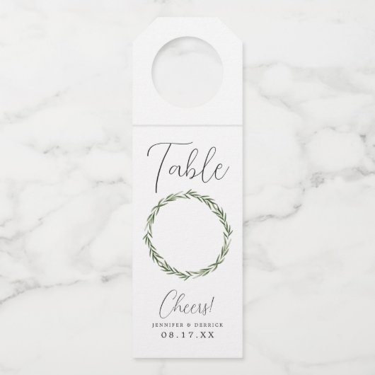 水彩ローレルリース結婚のテーブル番号 ボトルネックタグ (正面)