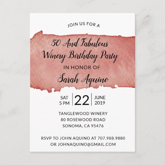 水彩ワイナリー50と素晴らしい誕生日パーティー インビテーションポストカード (正面)