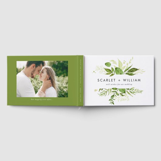 水彩ワイルドグリーンの葉の写真結婚の ゲストブック (全面)