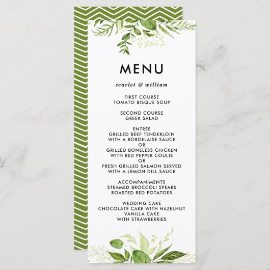 水彩ワイルドグリーン結婚リーフのメニューカードII メニュー (正面/裏面)