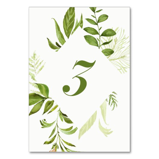 水彩ワイルドグリーン葉テーブル番号3カード テーブルナンバー (正面)