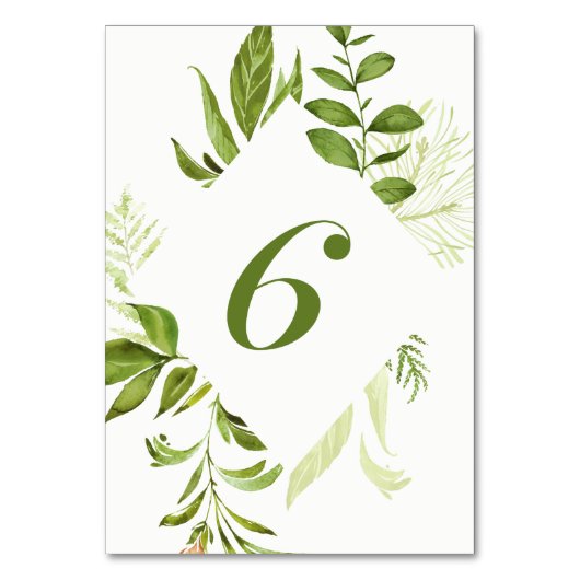 水彩ワイルドグリーン葉テーブル番号6カード テーブルナンバー (正面)