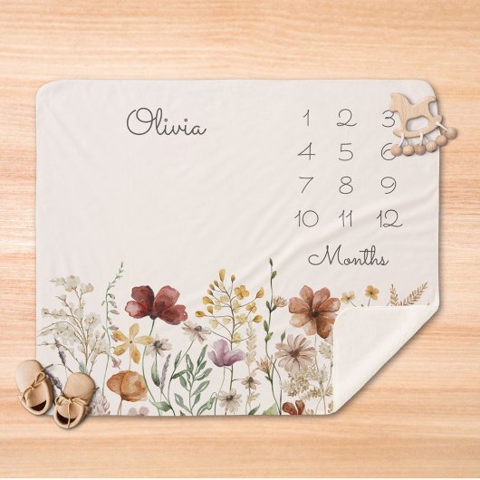 水彩ワイルドフラワーかわいらしマイルストーンベビー シェルパブランケット