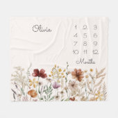 水彩ワイルドフラワーかわいらしマイルストーンベビー フリースブランケット (正面(横))